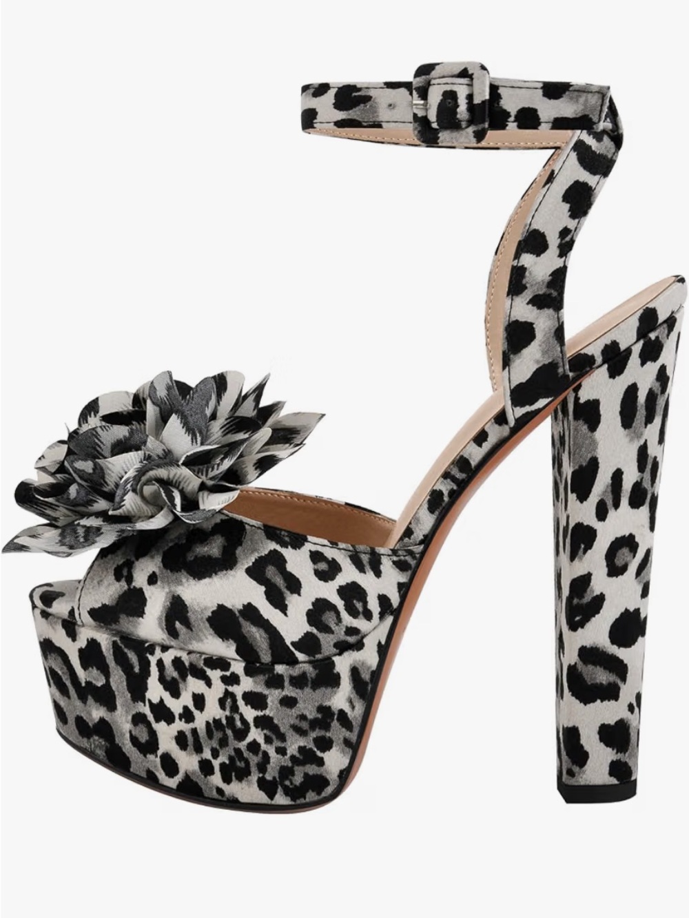 Platform Ankle-Strap Heels with Floral Accent - Black & White Leopard